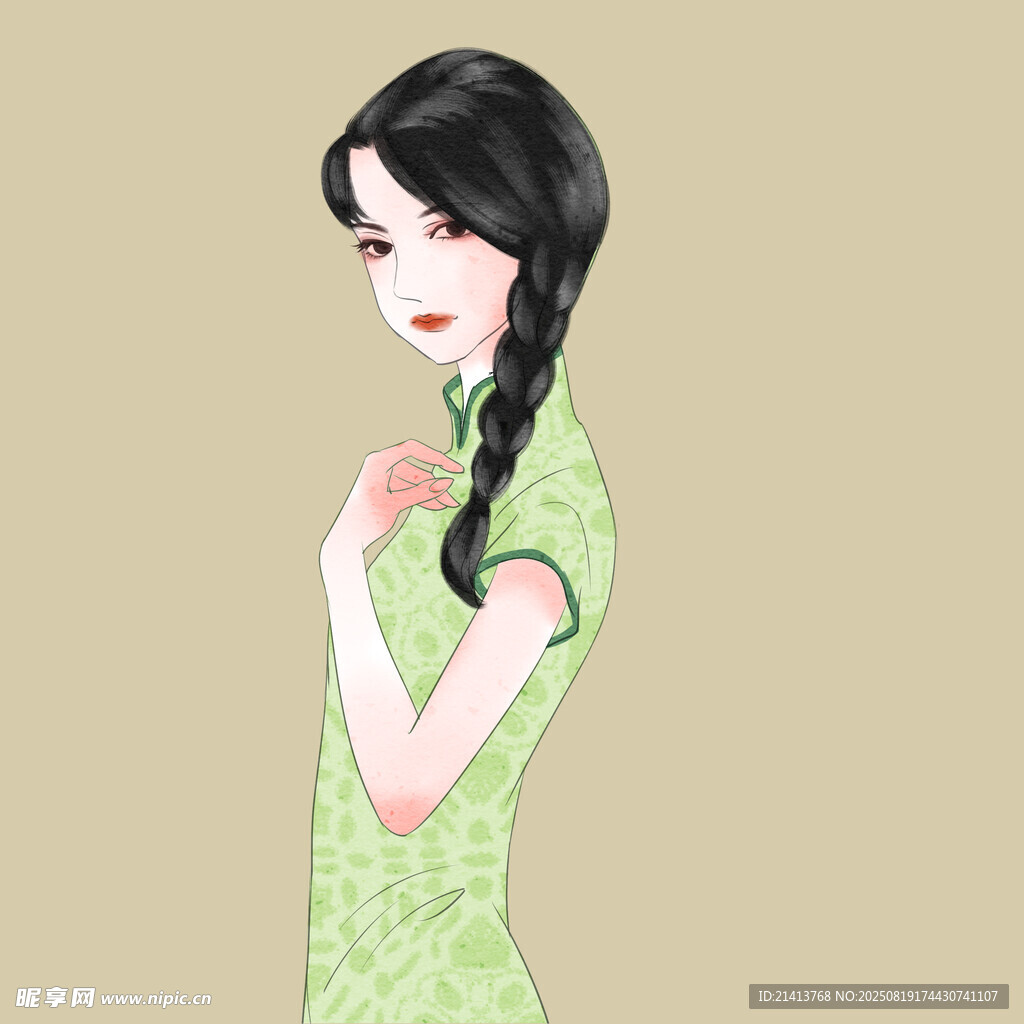身着绿旗袍的优雅女子