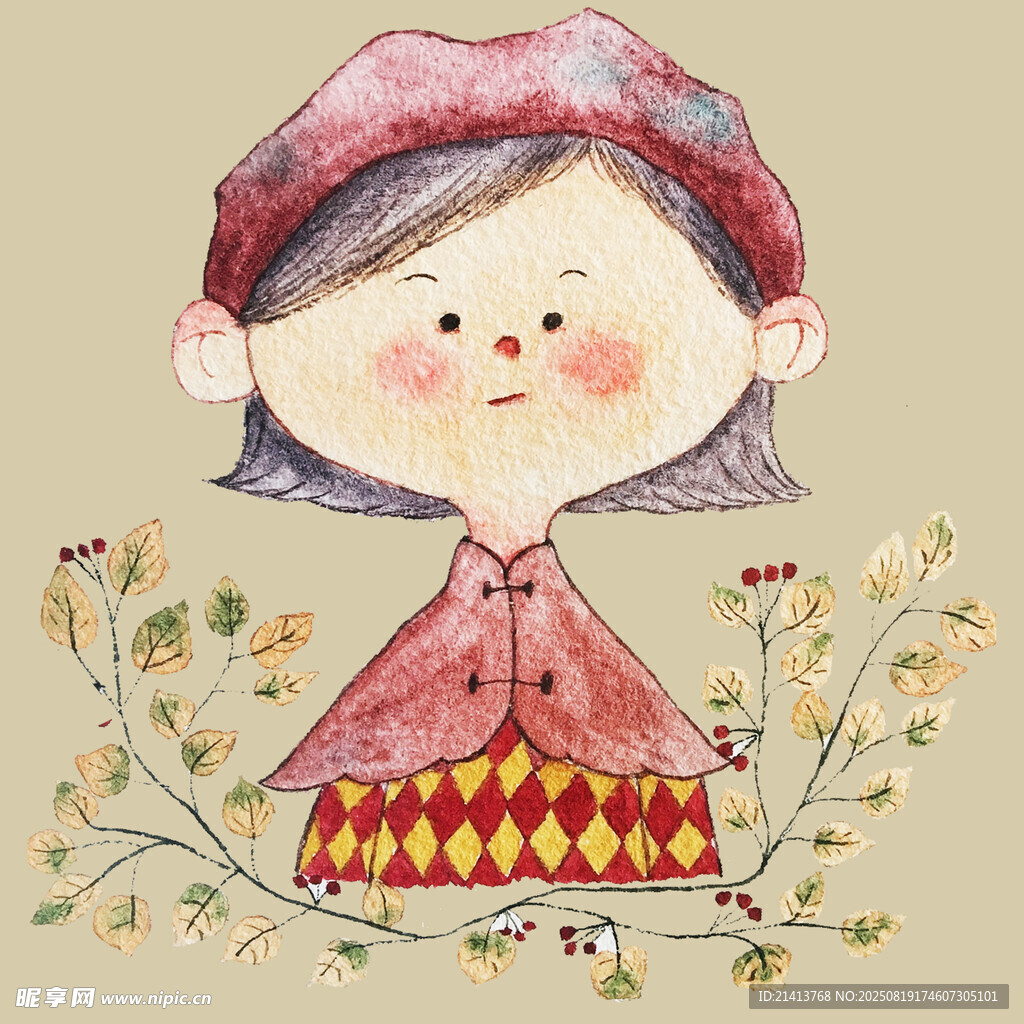 戴帽小女孩的可爱插画