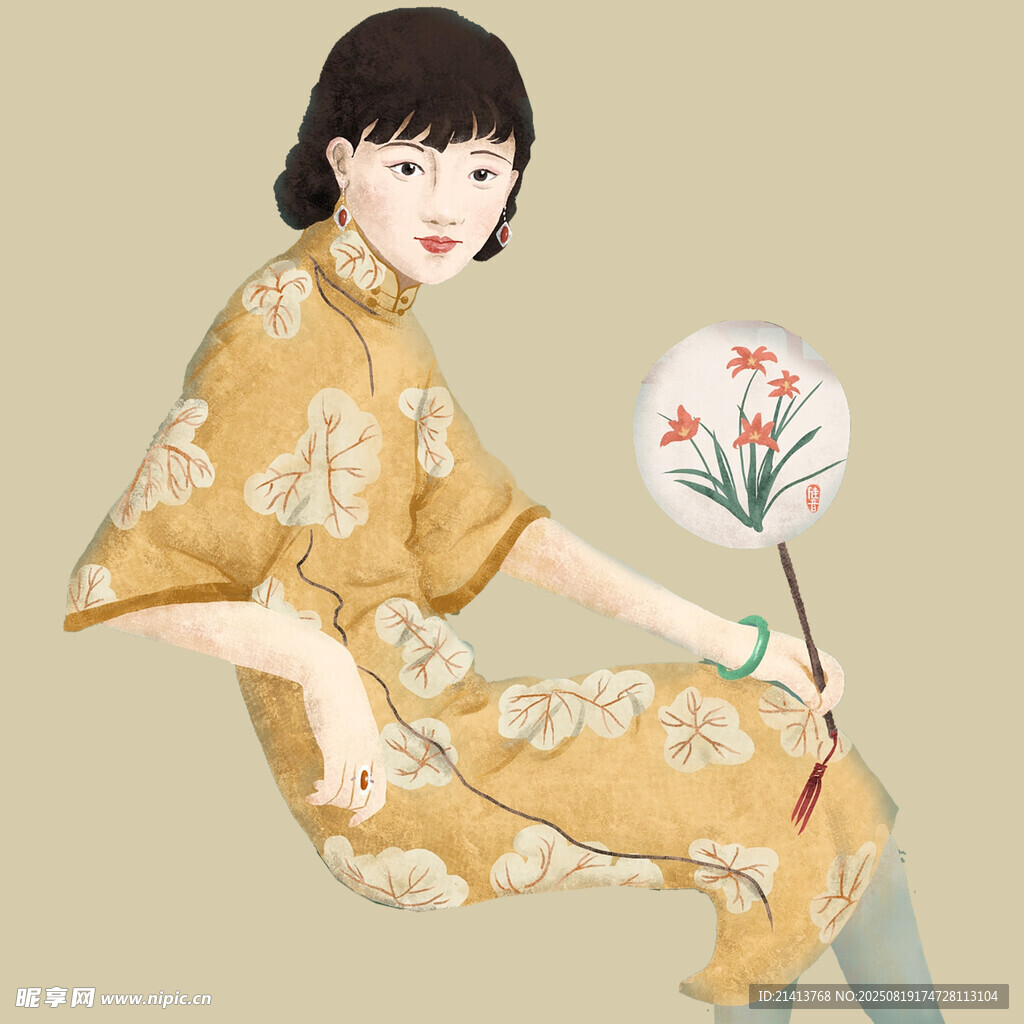 身着旗袍的优雅持扇女子