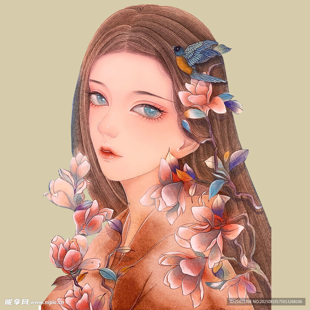 蝴蝶环绕的梦幻长发少女