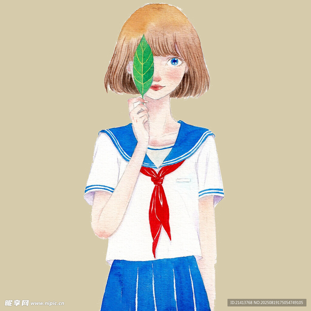 手持绿叶的水手服少女