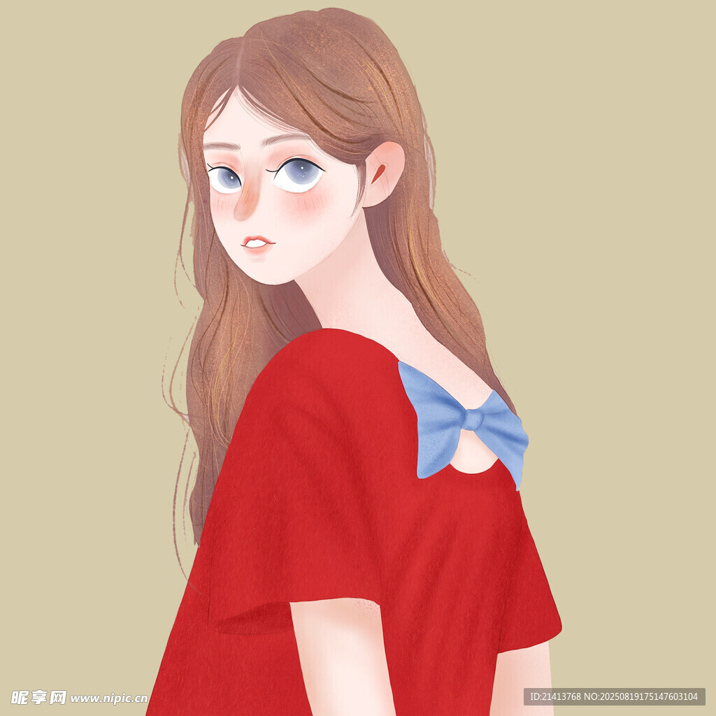 红发蝴蝶结女孩时尚插画