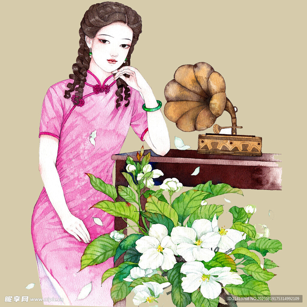 旗袍女子与复古留声机