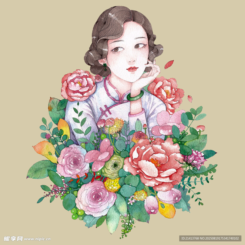 复古佳人伴繁花