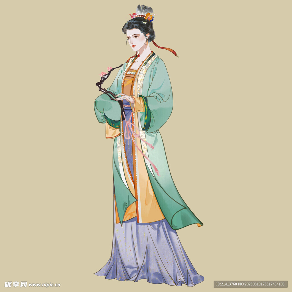 古风汉服女子优雅持扇图