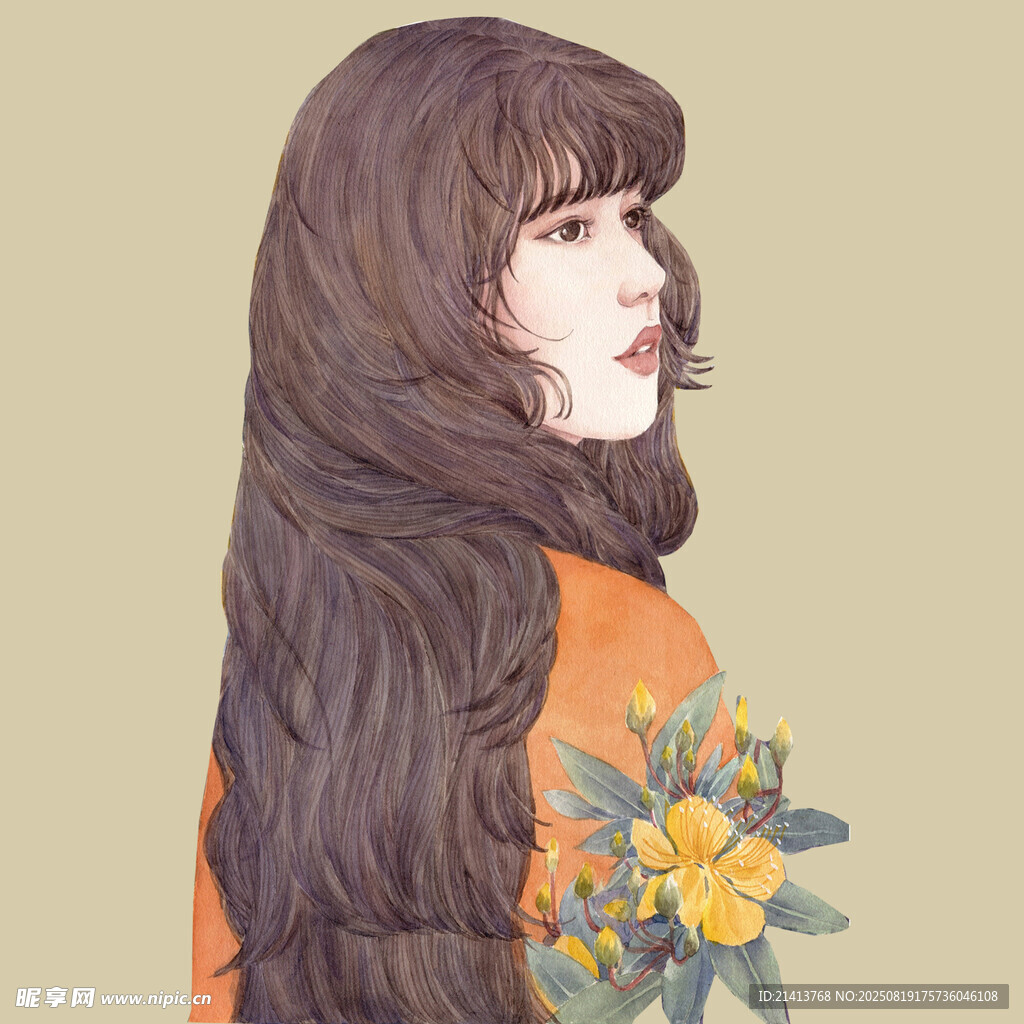 长发女子手持黄色花朵