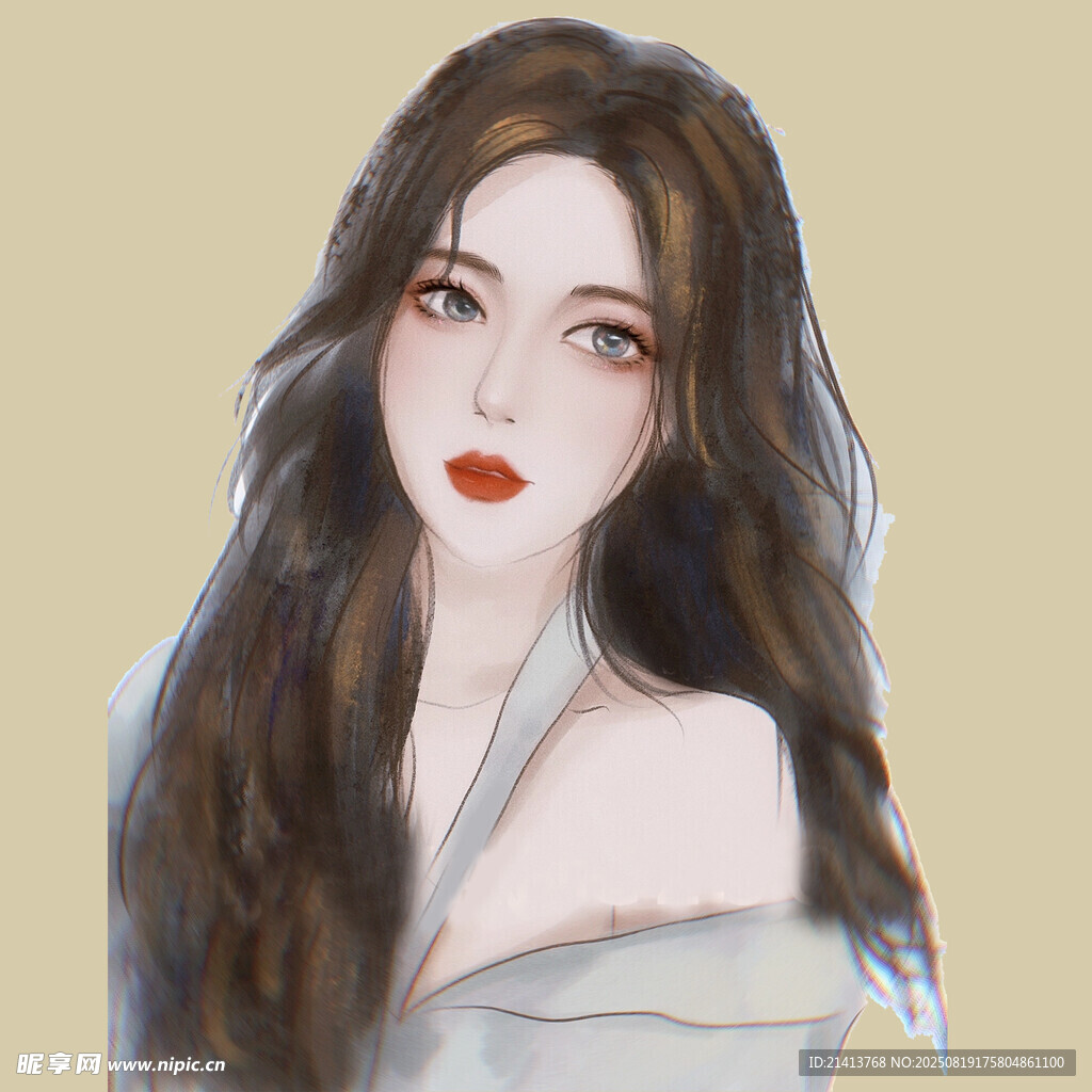 长发优雅女性肖像画