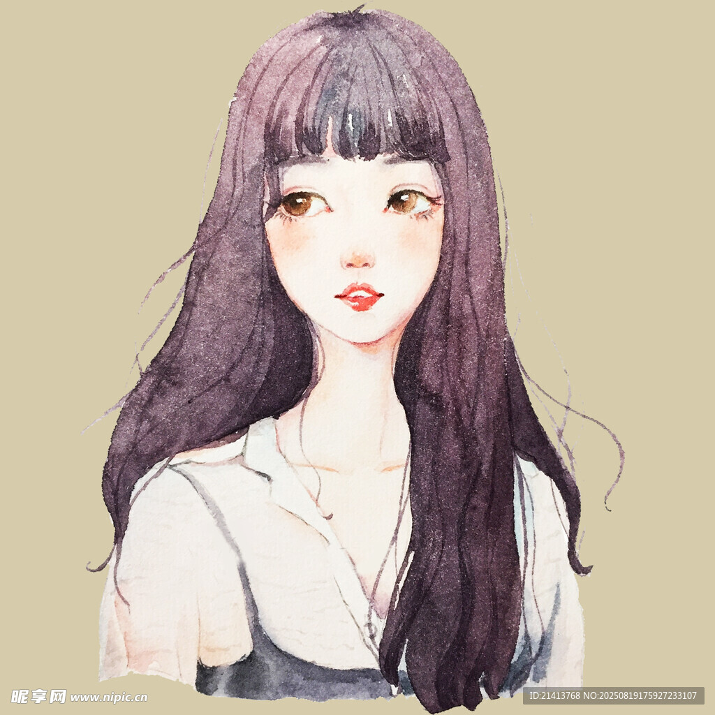 紫色长发女孩的水彩画像