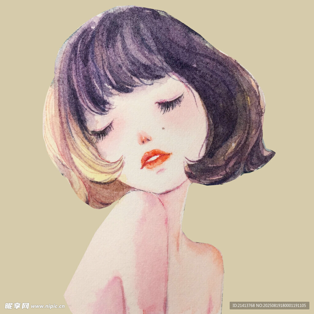 短发女孩的梦幻水彩画像