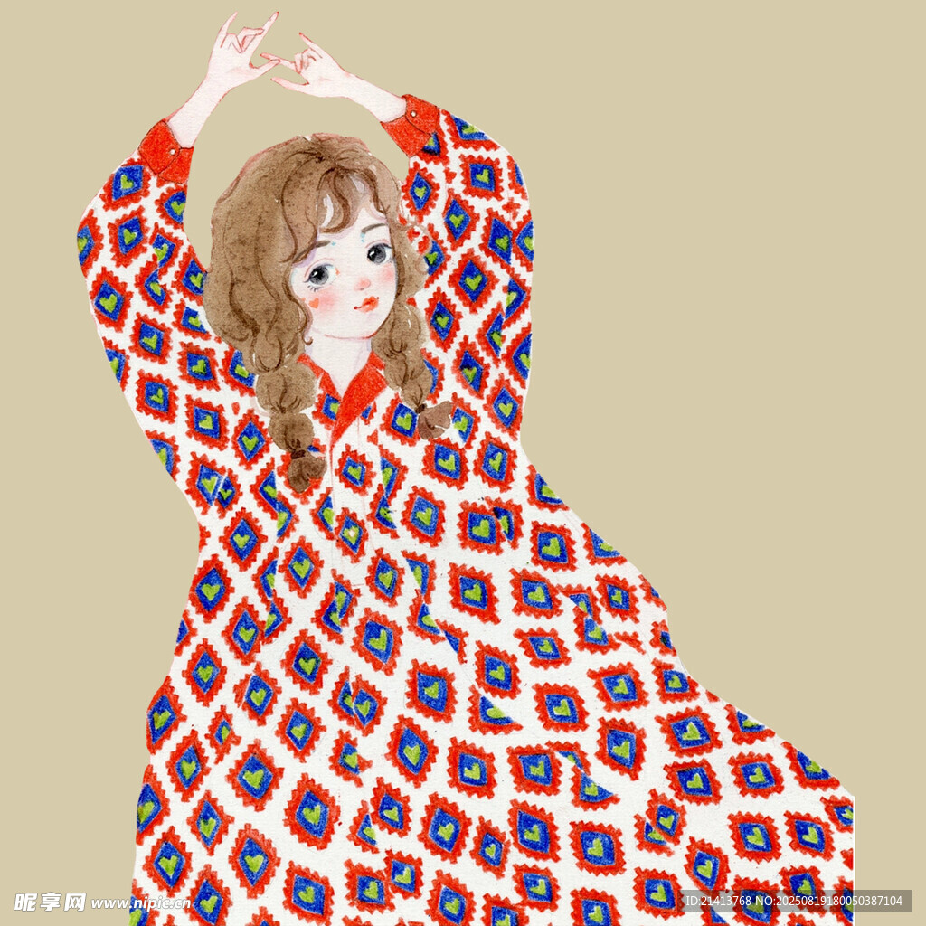身着花纹裙的优雅女孩