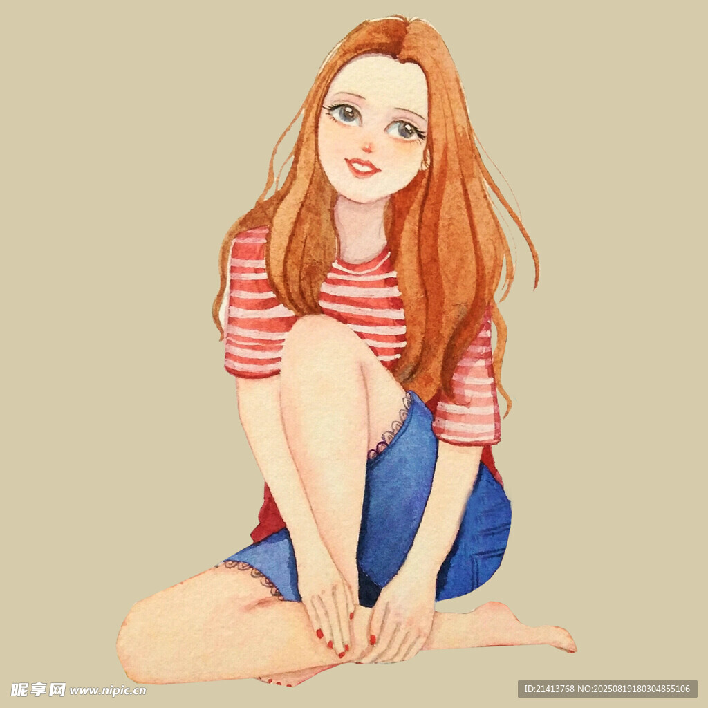 红发女孩坐地的清新插画