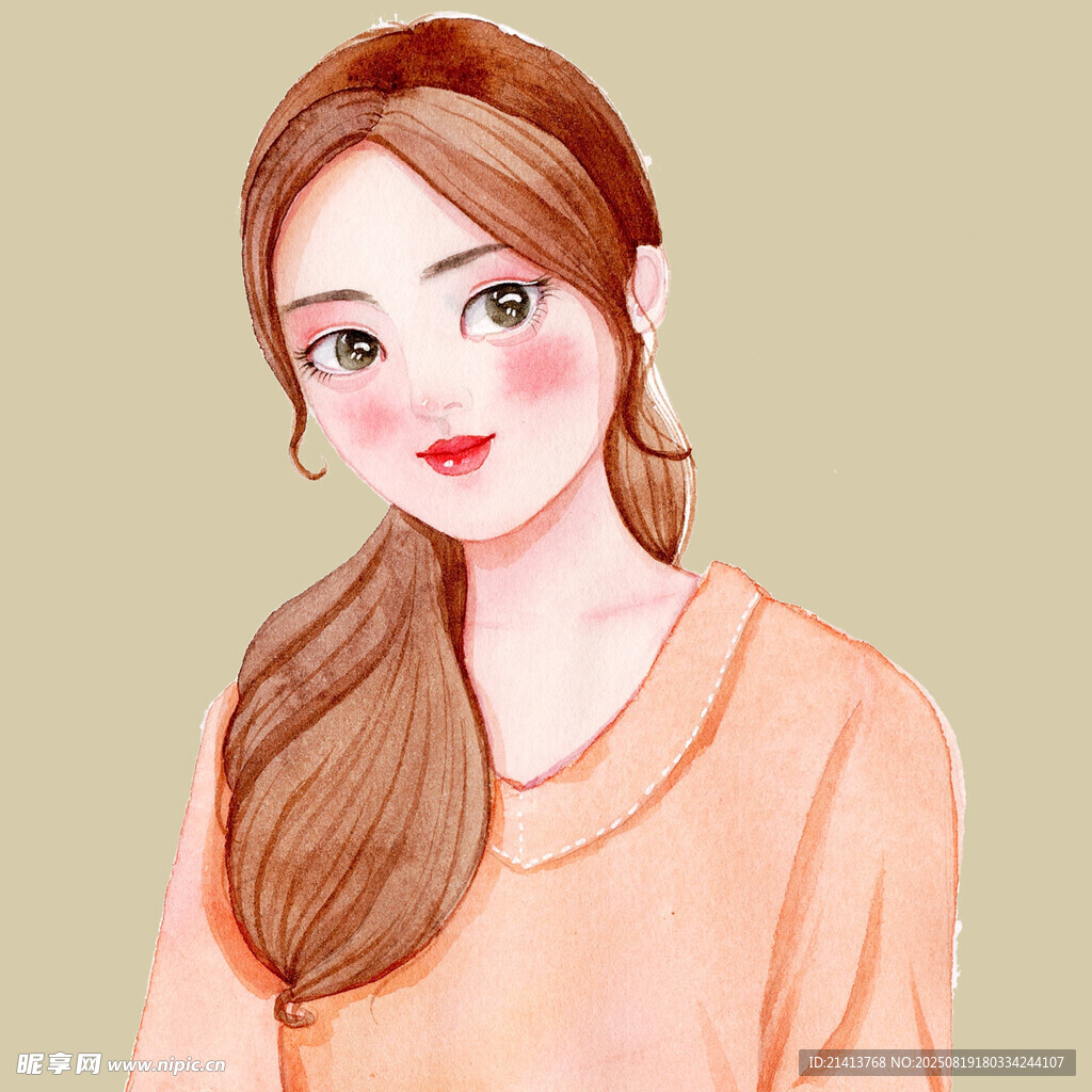 橘衣长发女孩甜美肖像