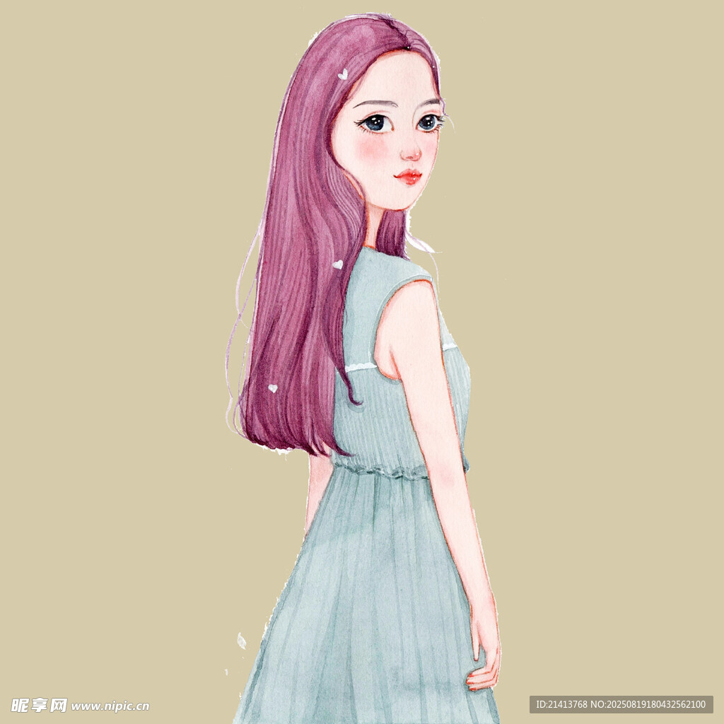长发蓝衣优雅少女背影