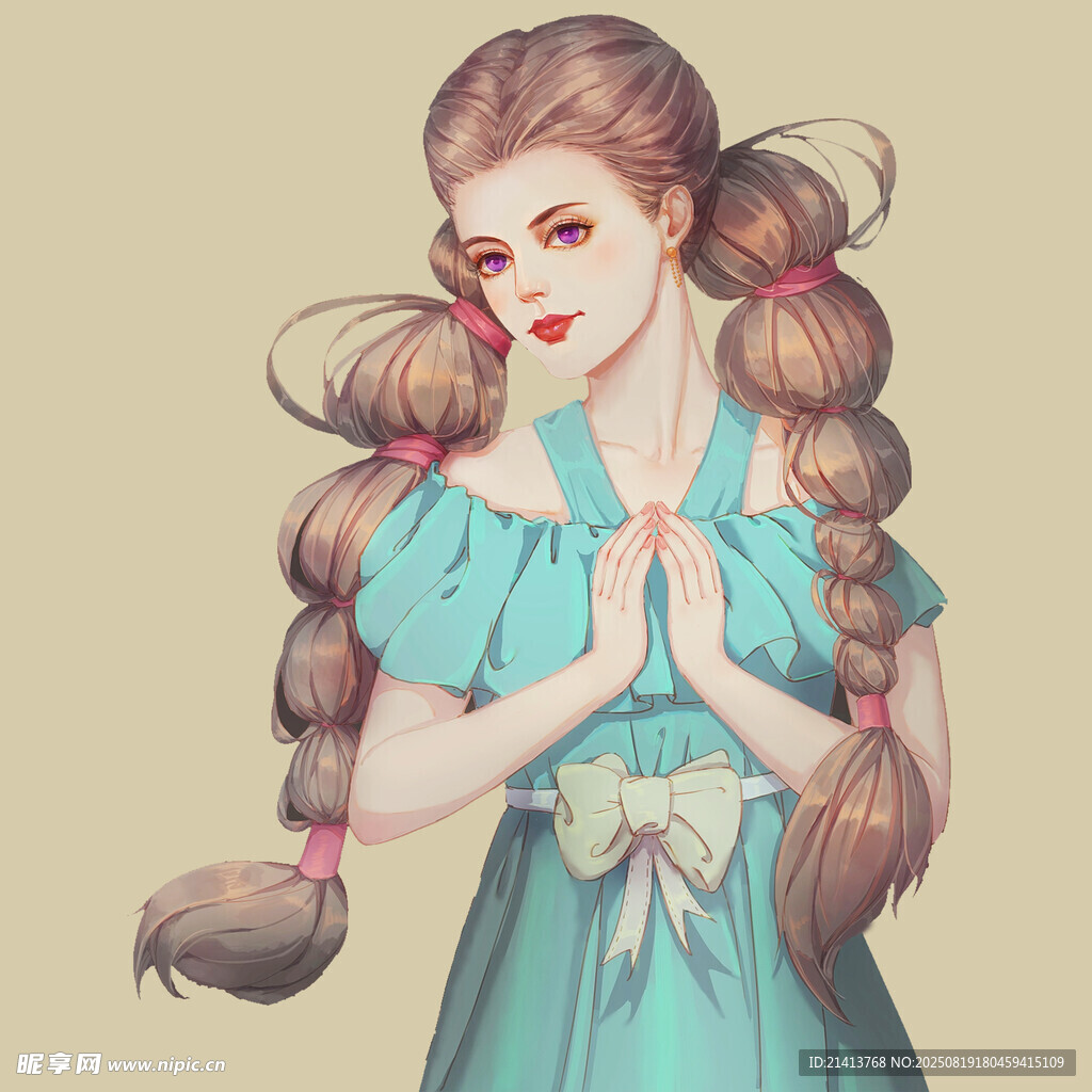 双麻花辫蓝裙少女插画