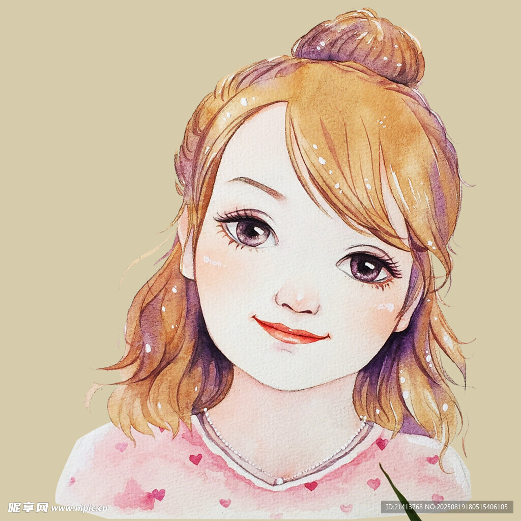 甜美卷发女孩水彩插画