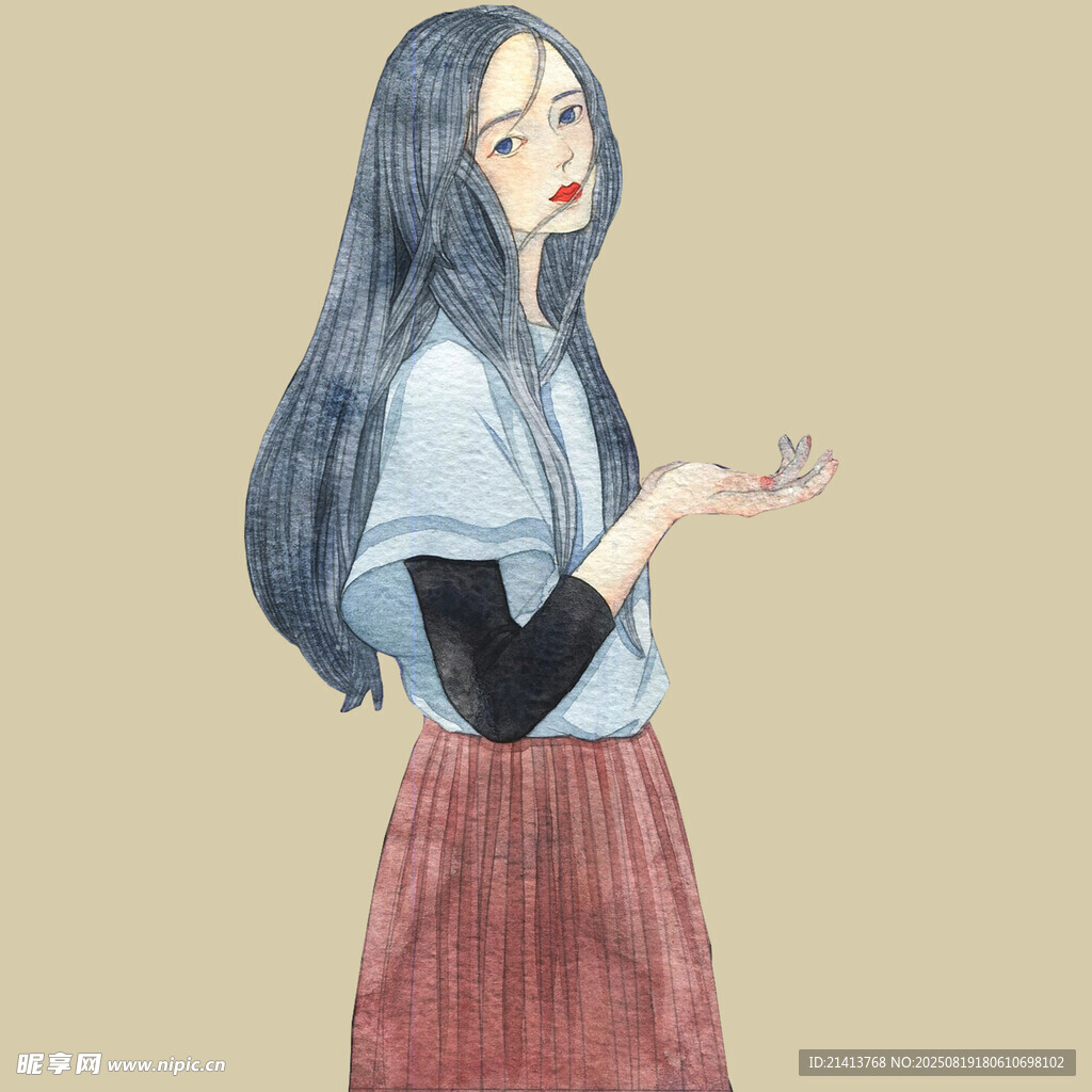 长发女子优雅手持小物件