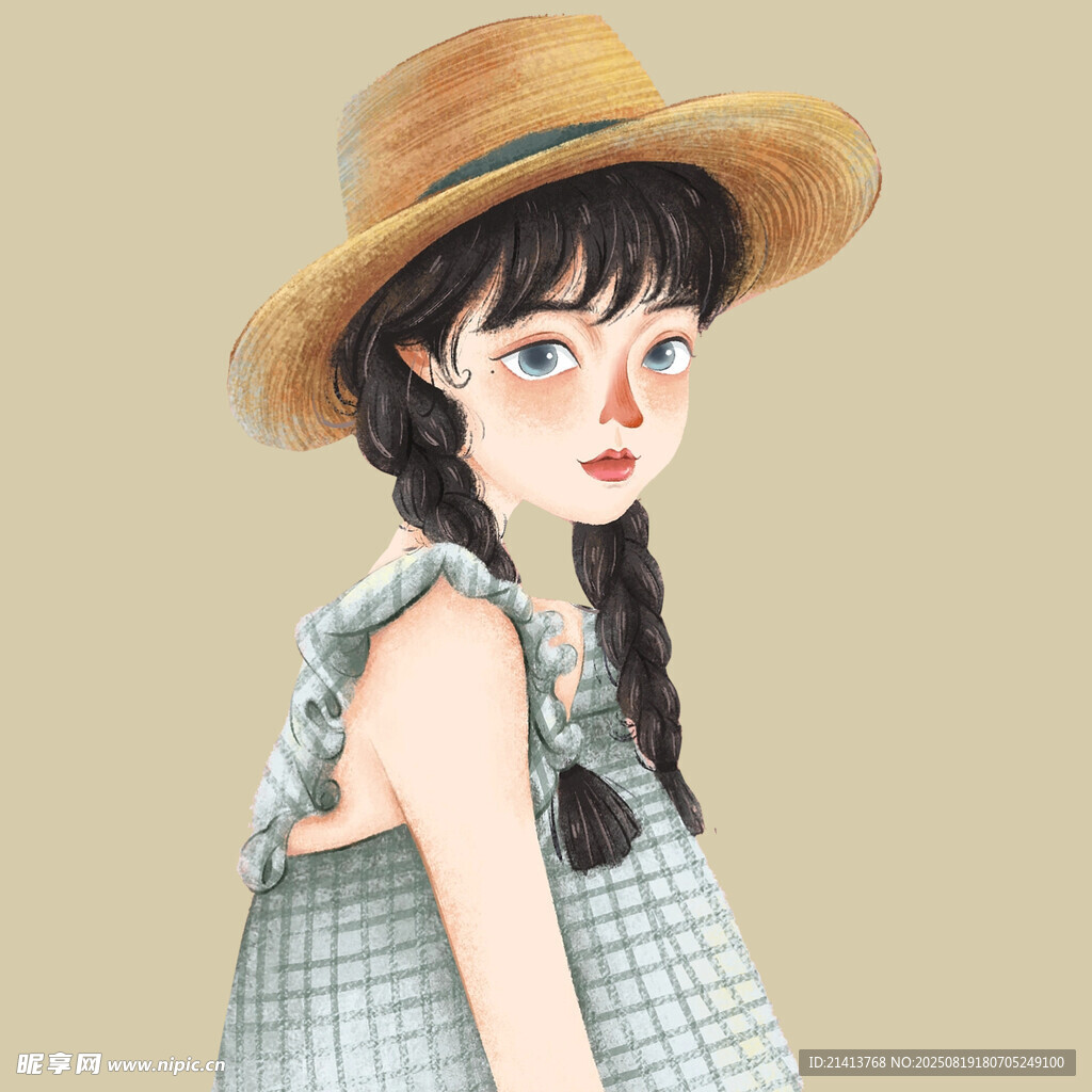 戴草帽的双麻花辫格子裙女孩