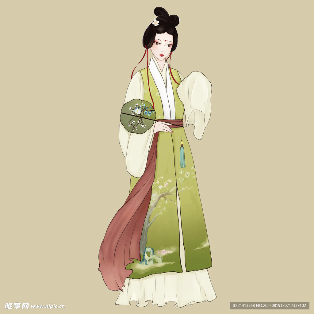 古风绿衣仕女优雅持扇