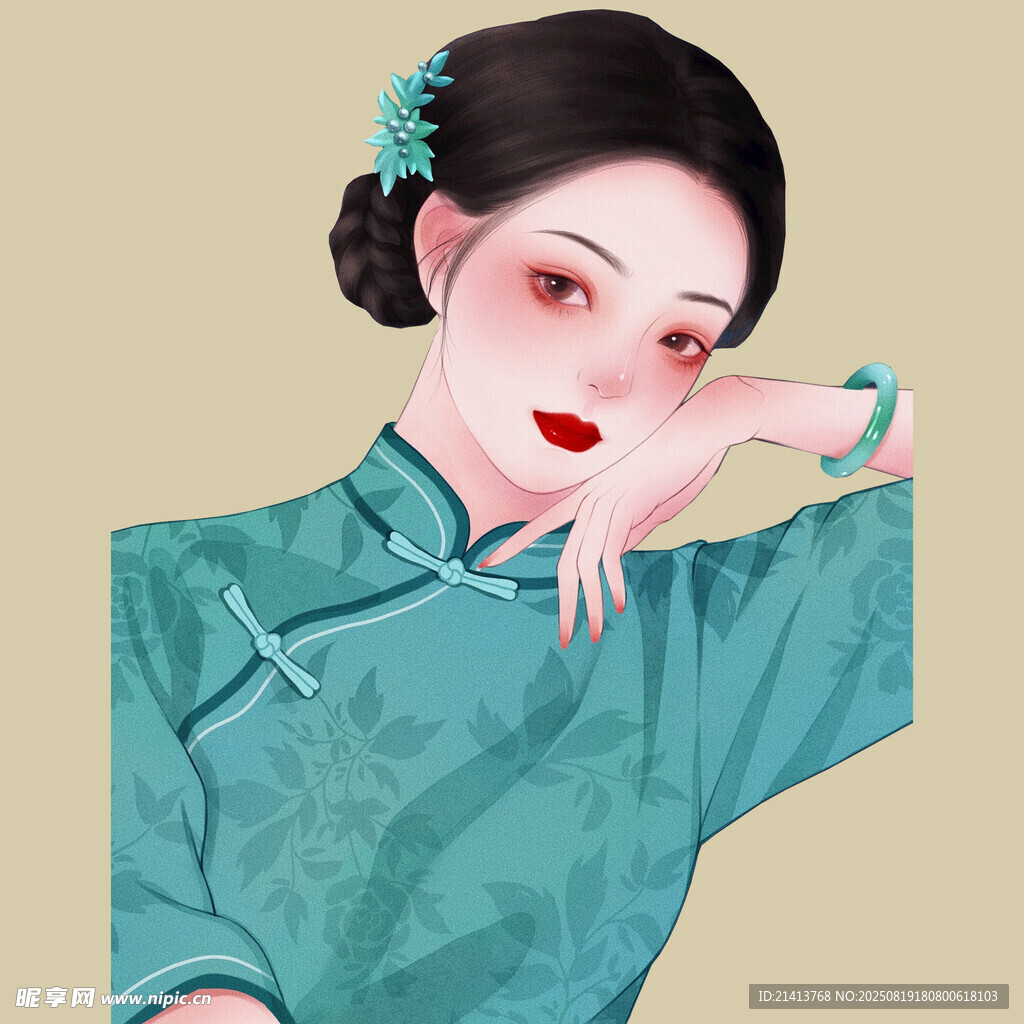 复古旗袍女子优雅姿态