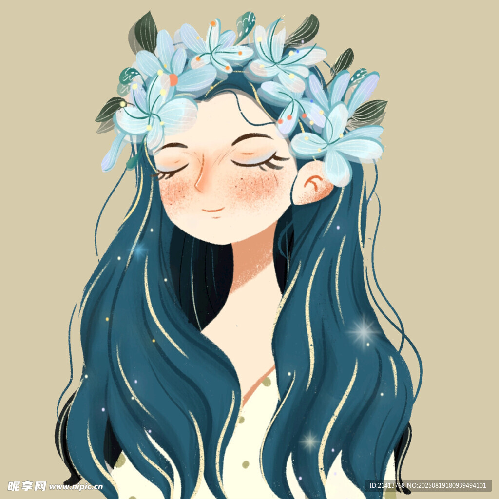 蓝发戴花的梦幻女孩