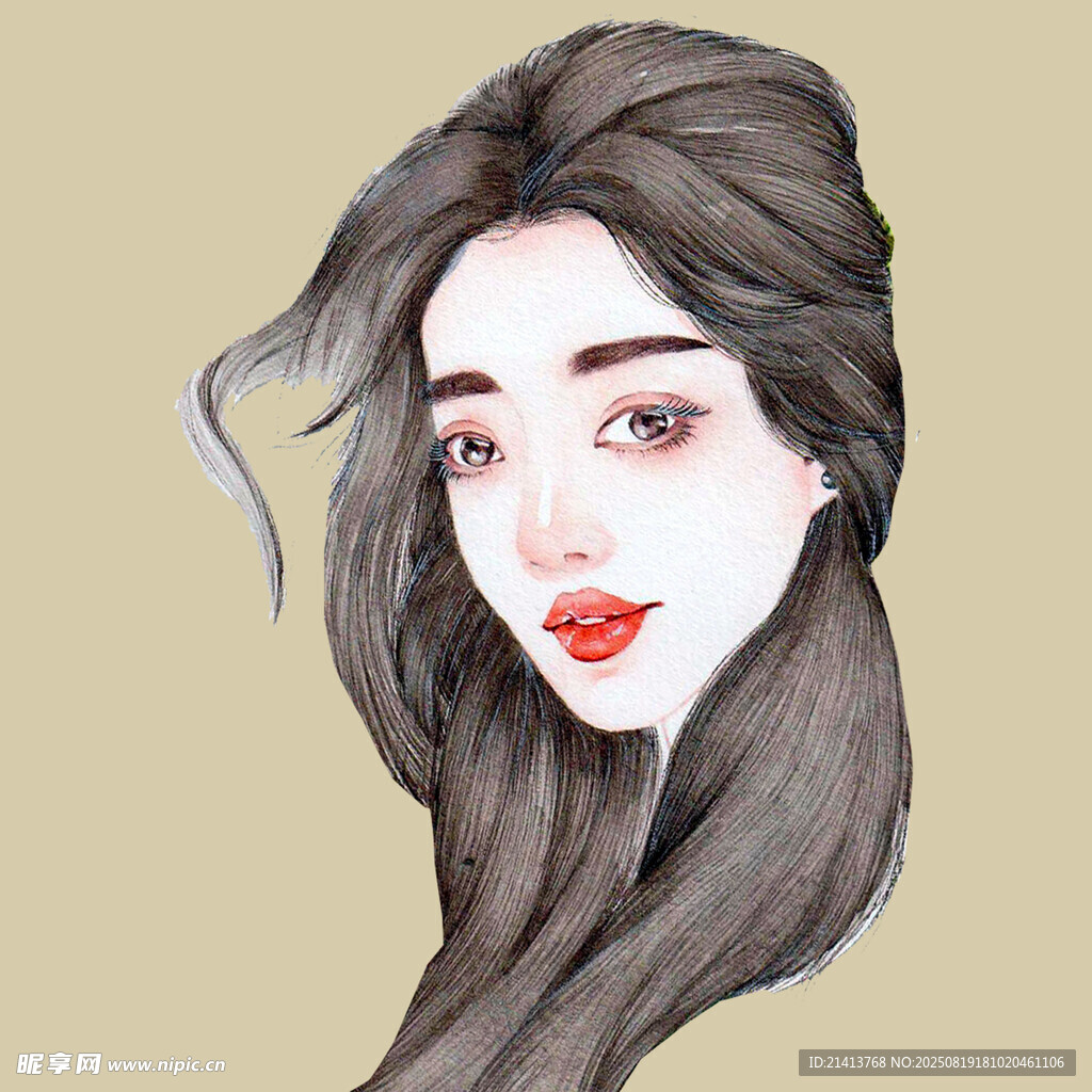 长发女子水彩风美丽肖像