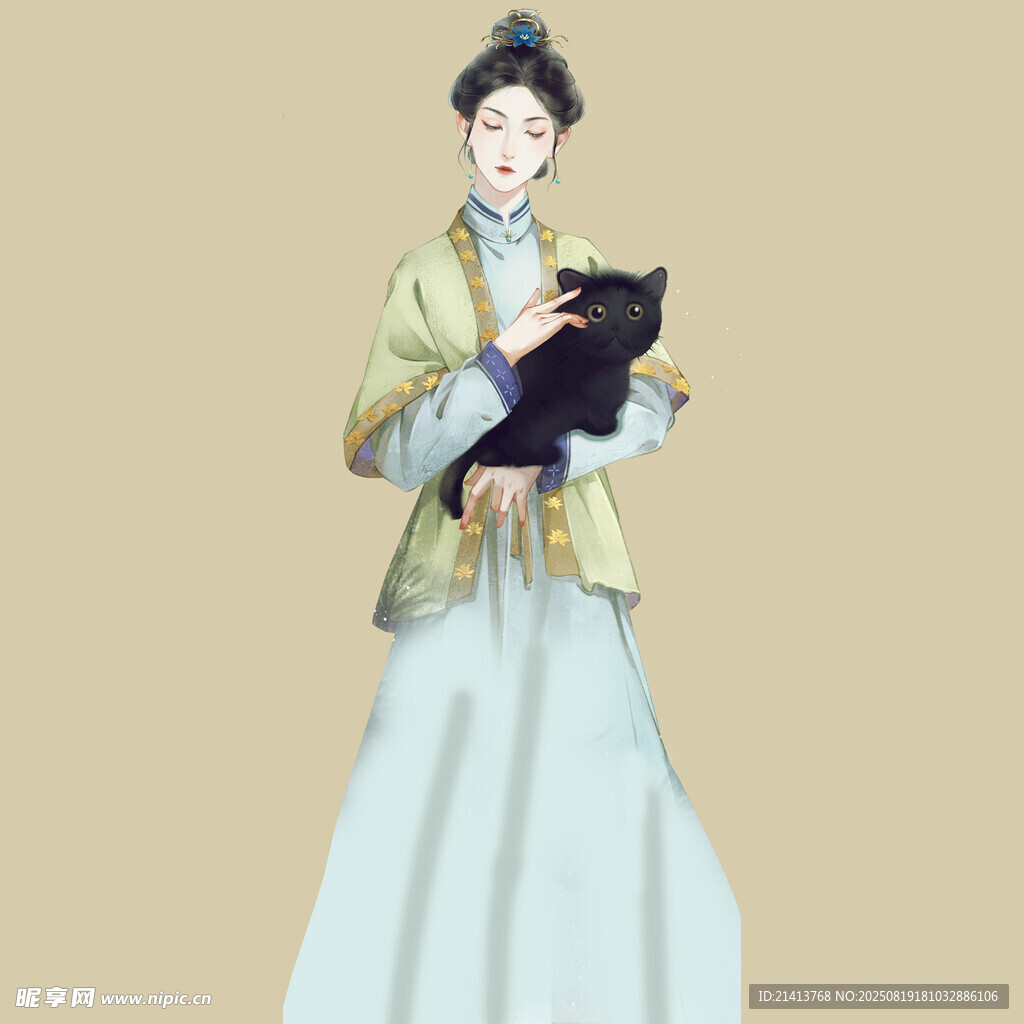 古风女子抱黑猫优雅形象
