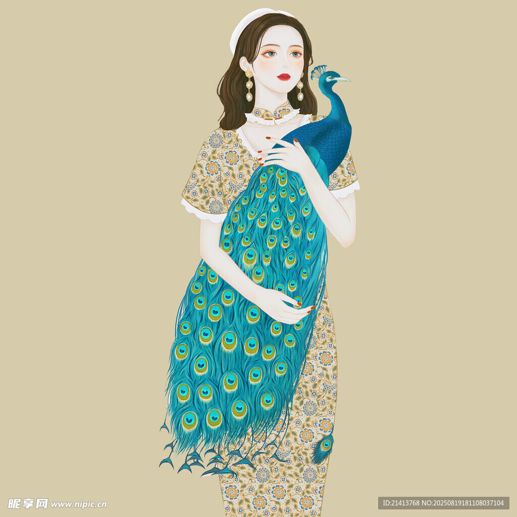 身着孔雀图案服饰的女子