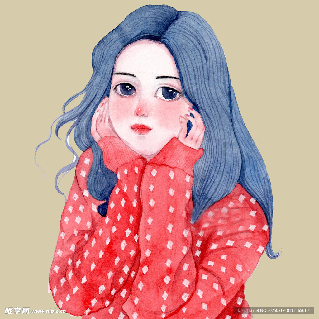 蓝发女孩身着波点红衣