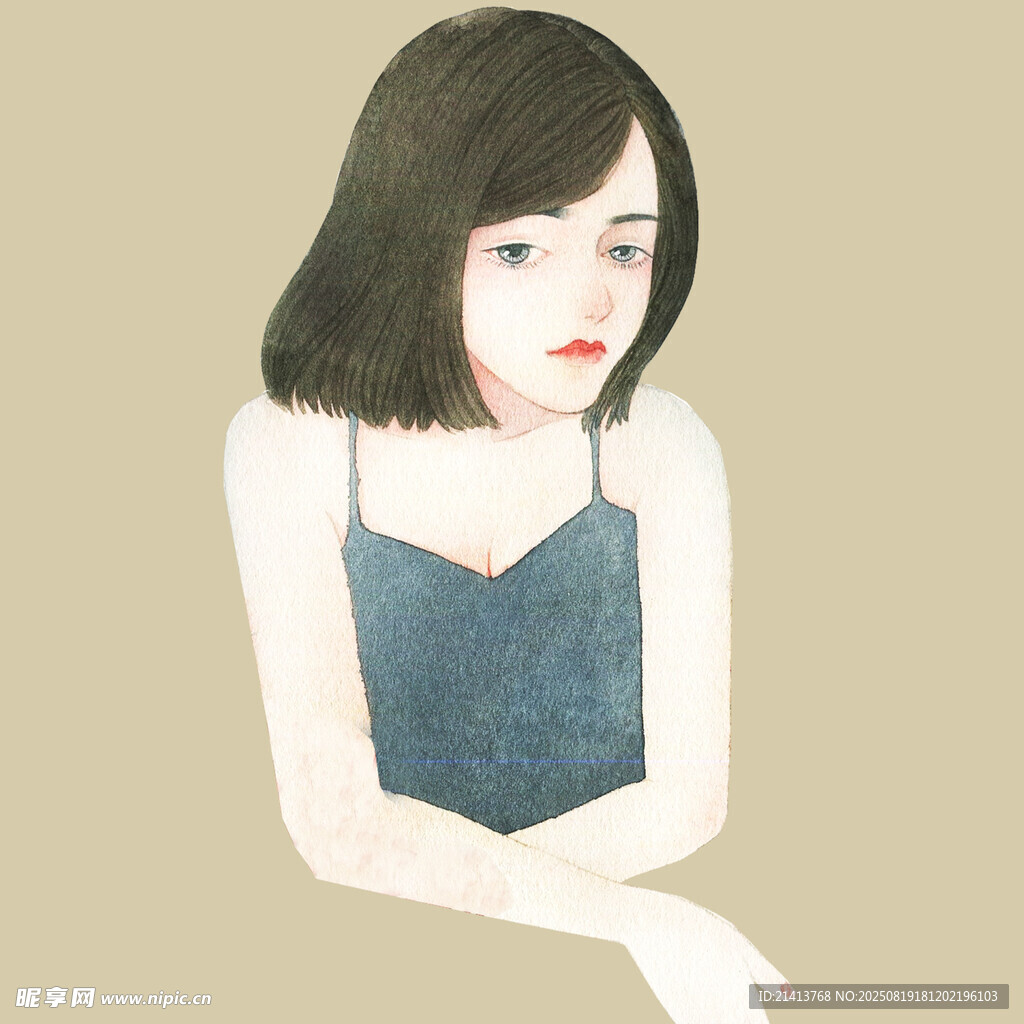 短发吊带少女的静谧姿态