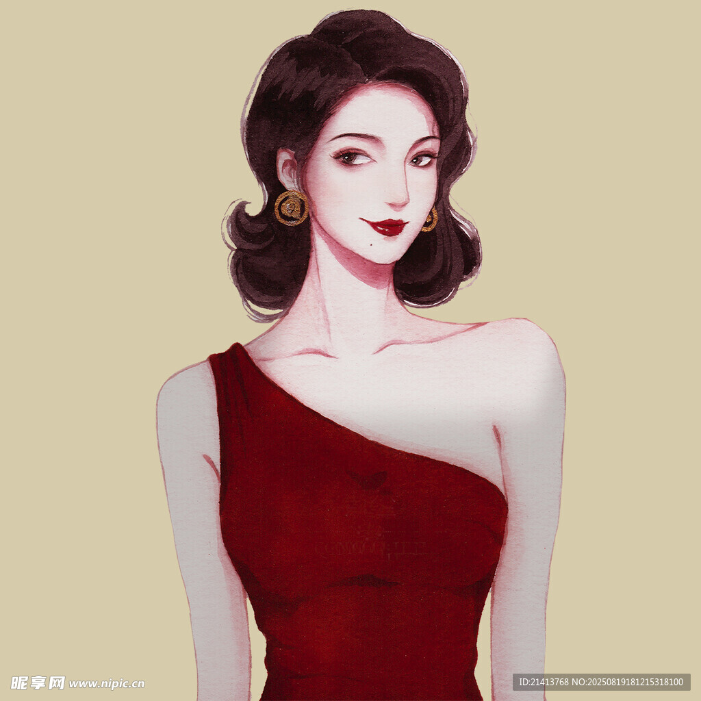 单肩红裙优雅女性形象