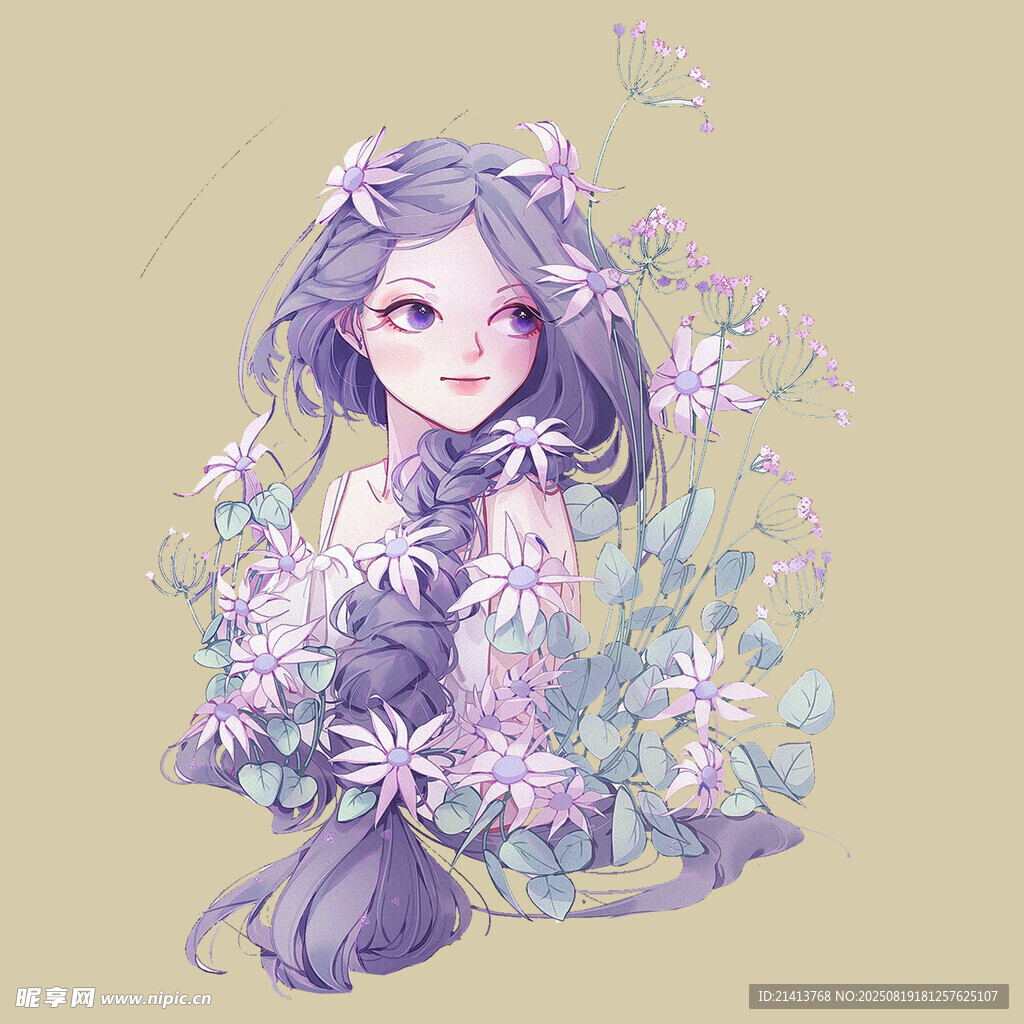 梦幻紫发花仙子插画