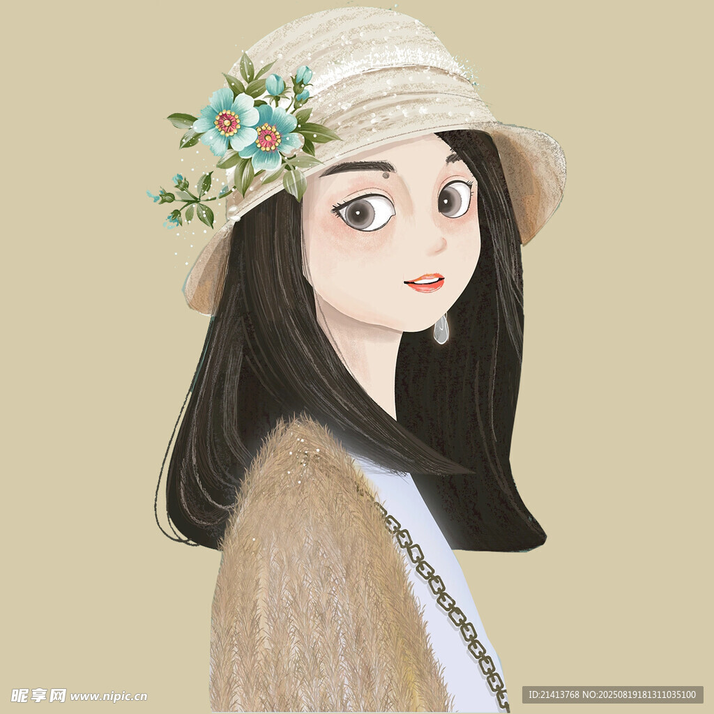 戴花饰帽的优雅女孩