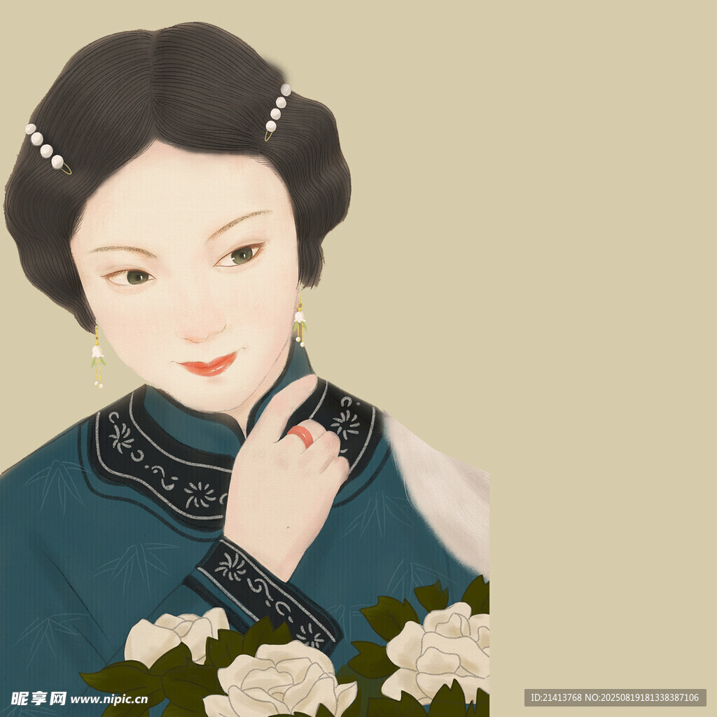 古典旗袍女子与素雅白花