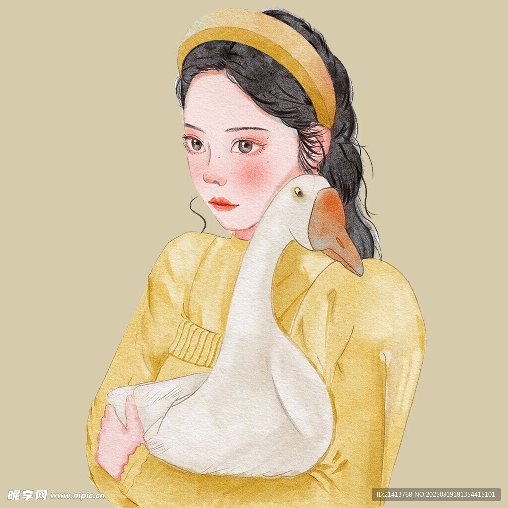 黄衣女子抱鹅的优雅瞬间
