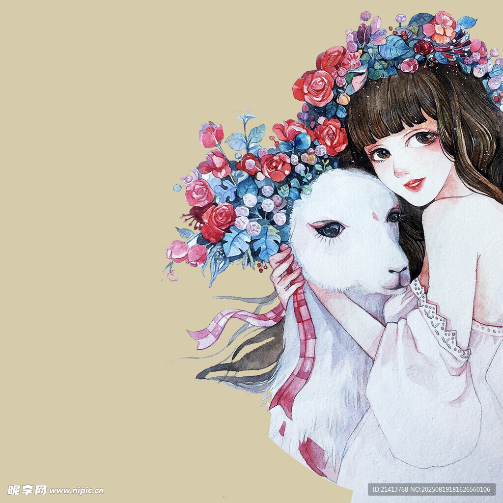 少女与独角兽梦幻插画