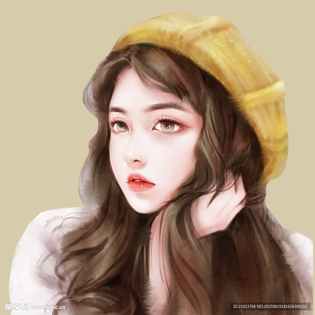 戴贝雷帽的长发美丽女孩