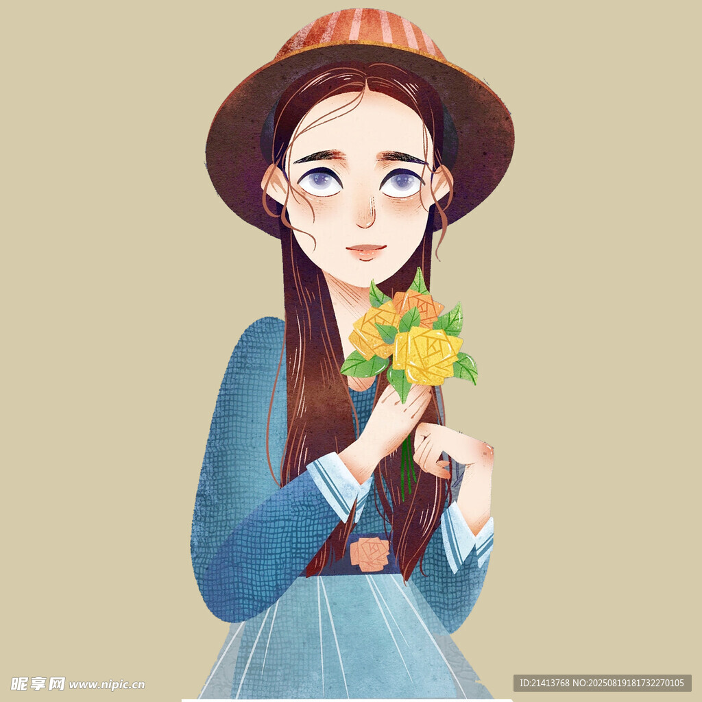 手持鲜花的甜美女孩