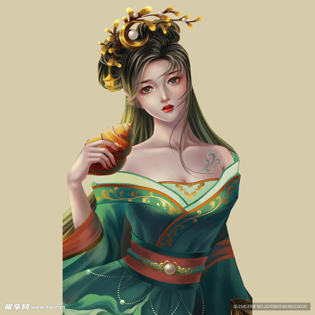古风美人持果图