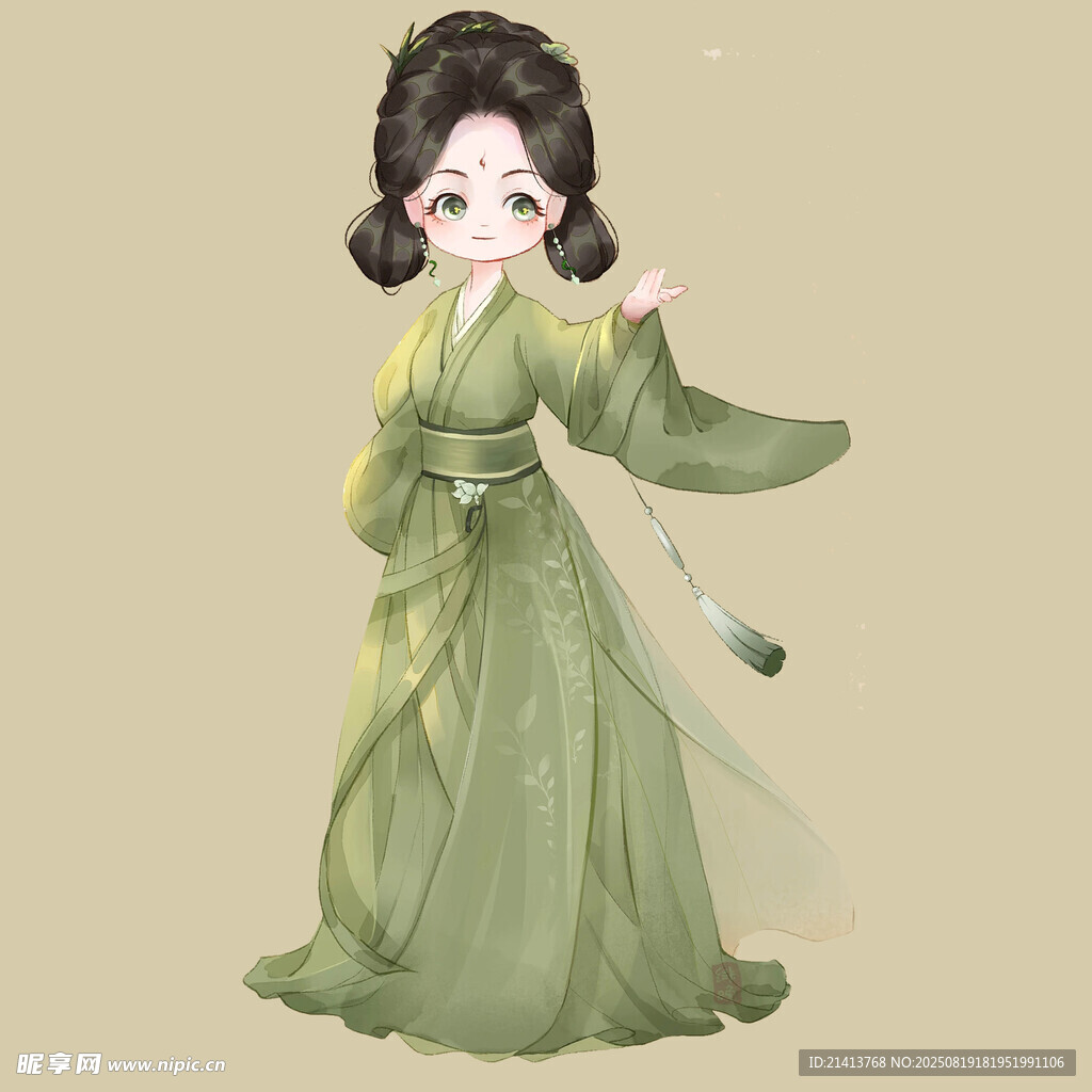 古风绿衣少女优雅起舞