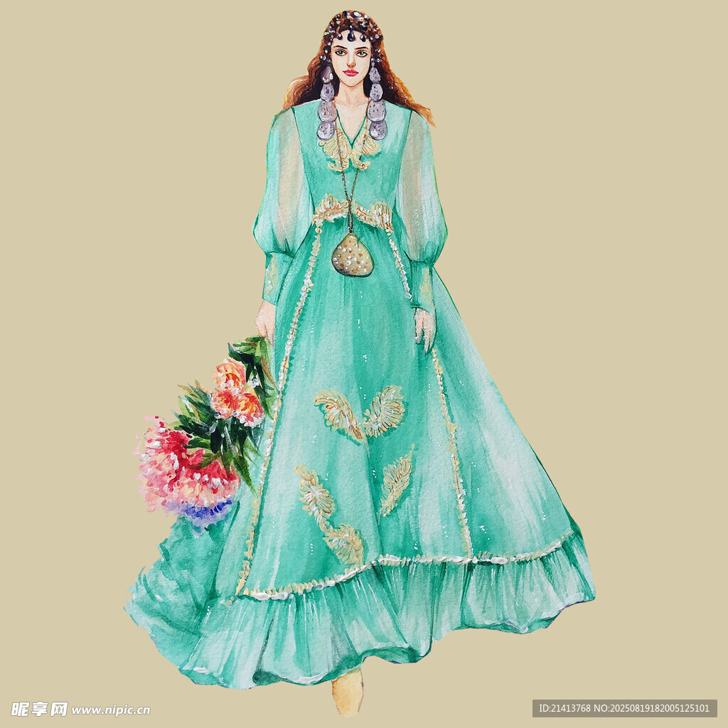 复古风绿色长裙女子插画