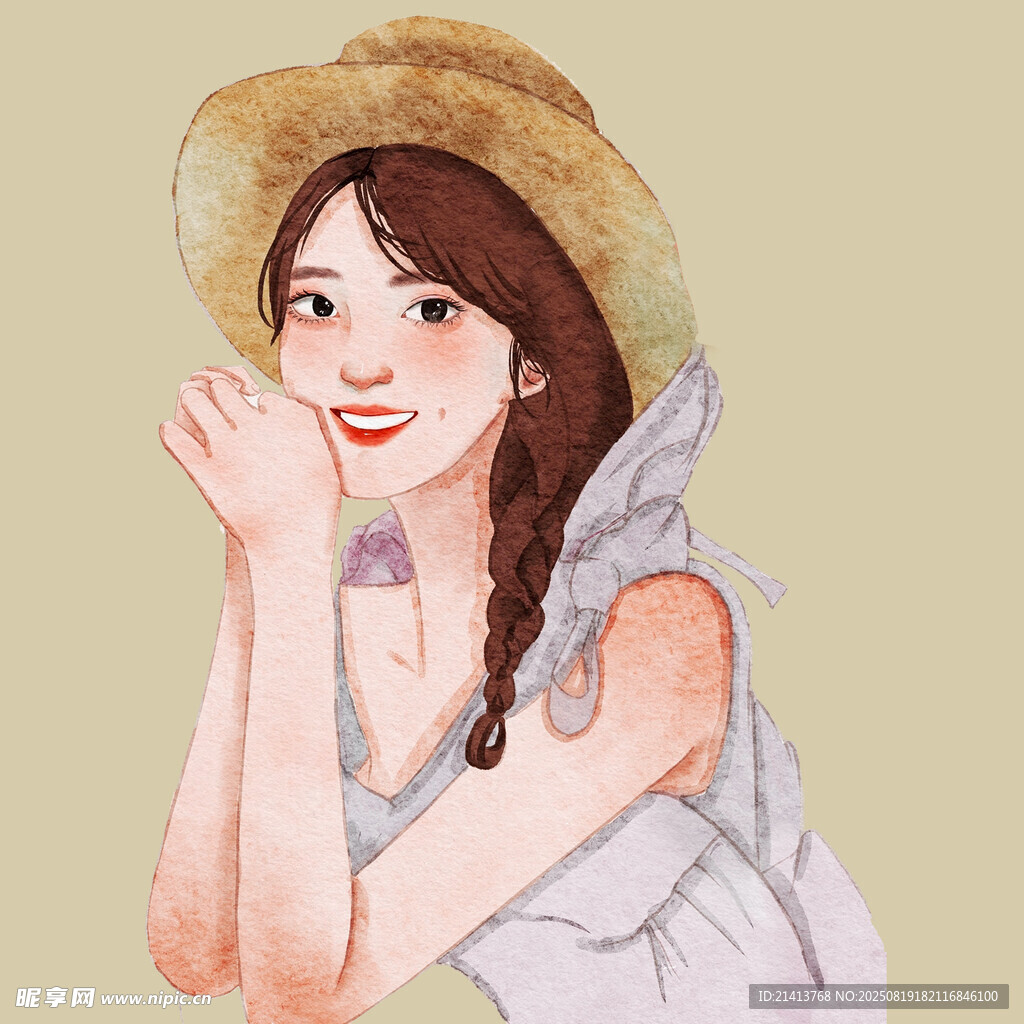 戴草帽的甜美微笑女孩
