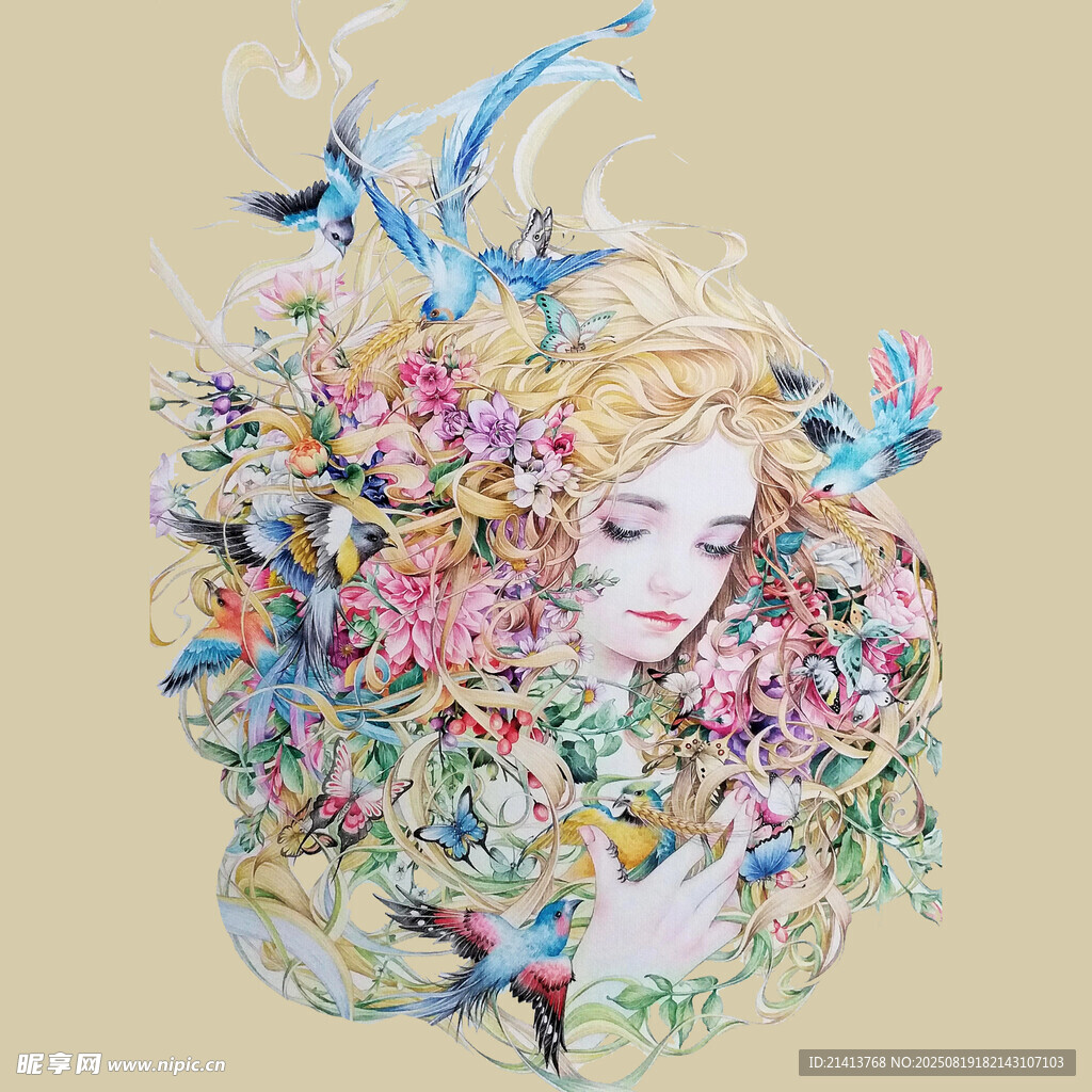 梦幻花卉环绕的沉睡少女