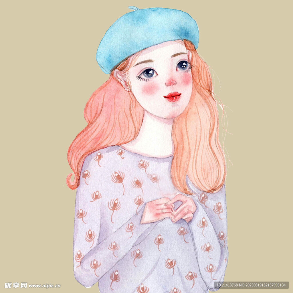 戴蓝贝雷帽的甜美女孩