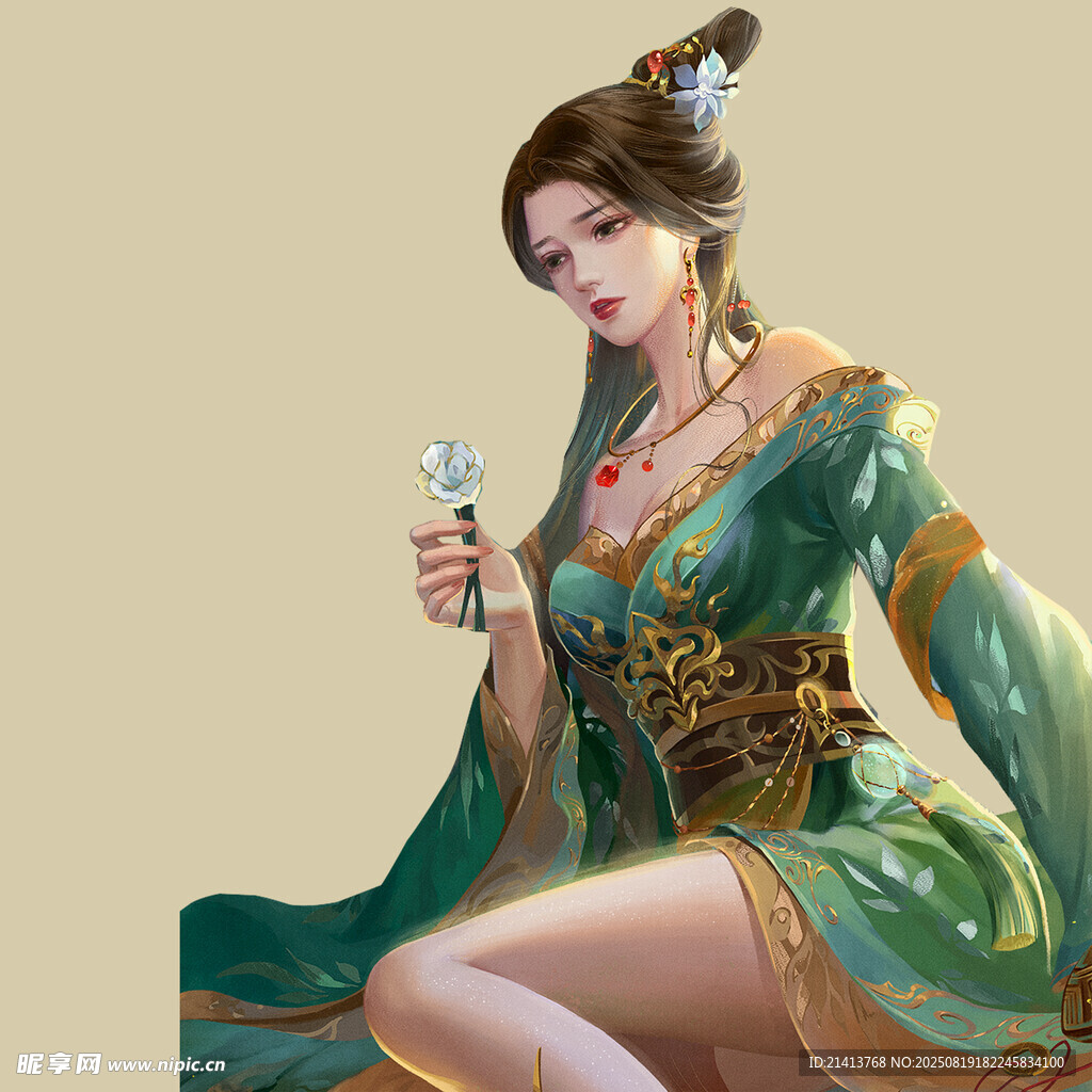 古风绿衣持灯女子形象