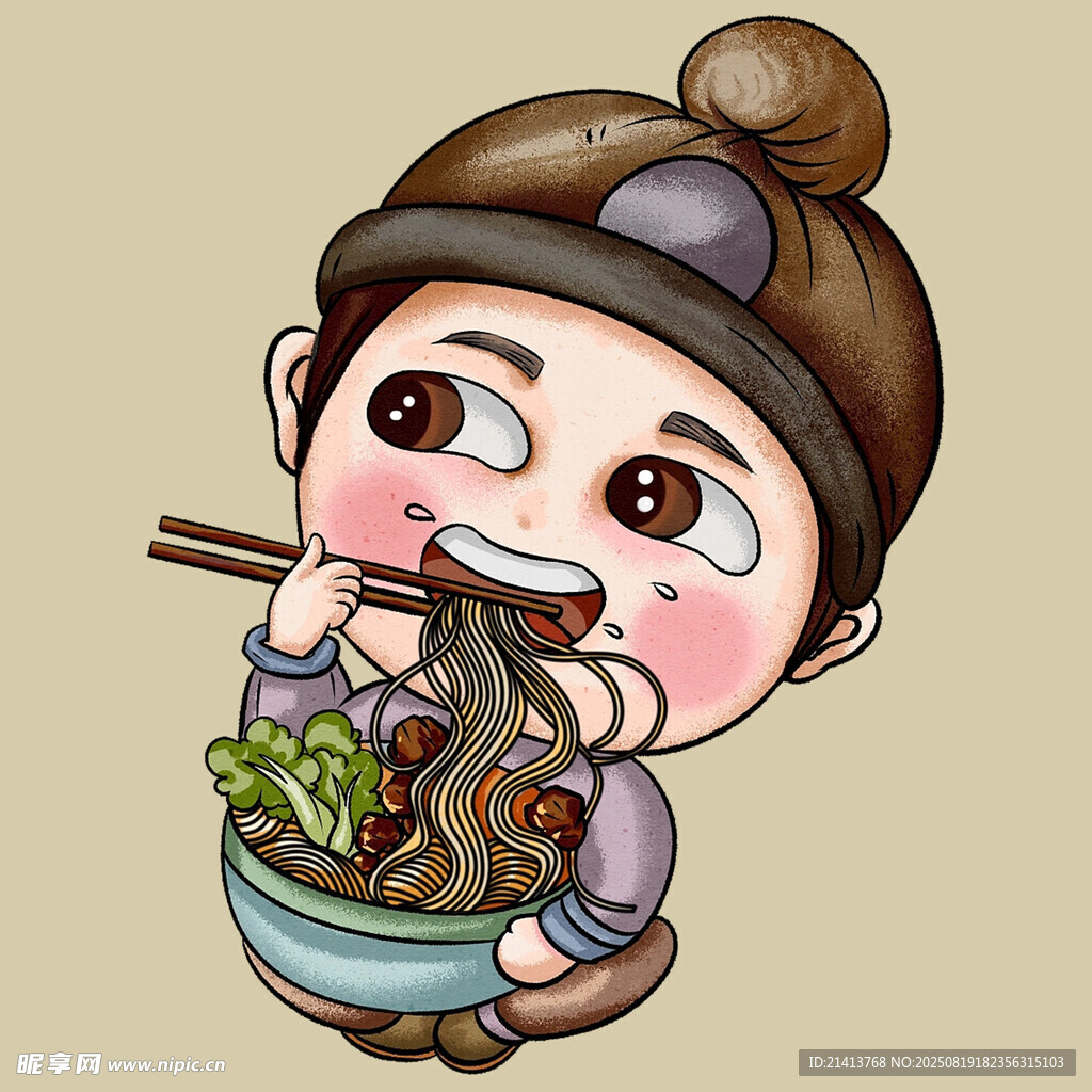 卡通人物享用美味面条