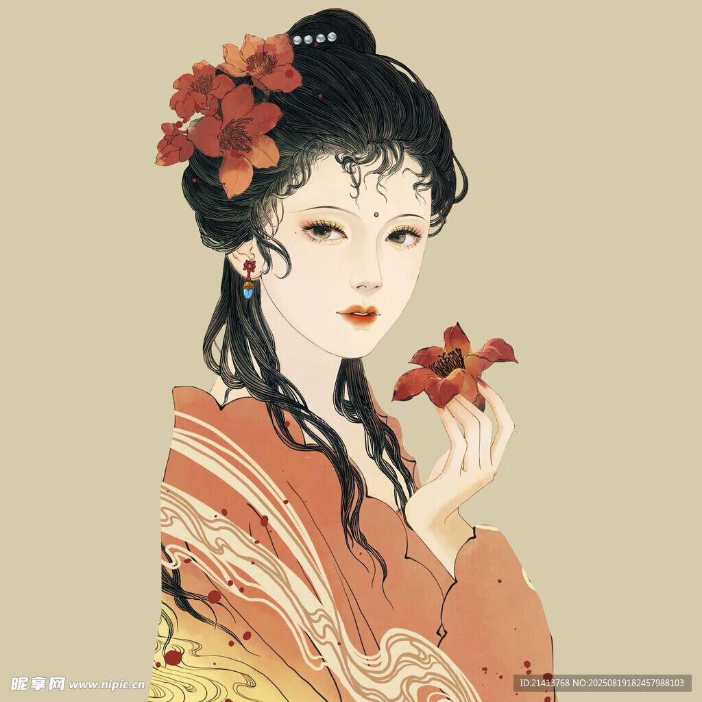 古风美人手持红花赏景