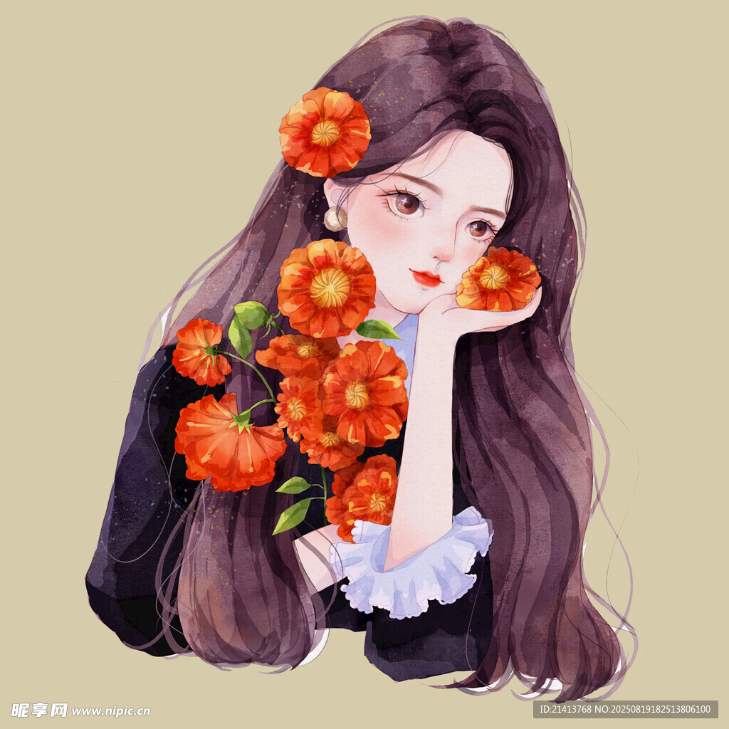手持繁花的优雅长发少女