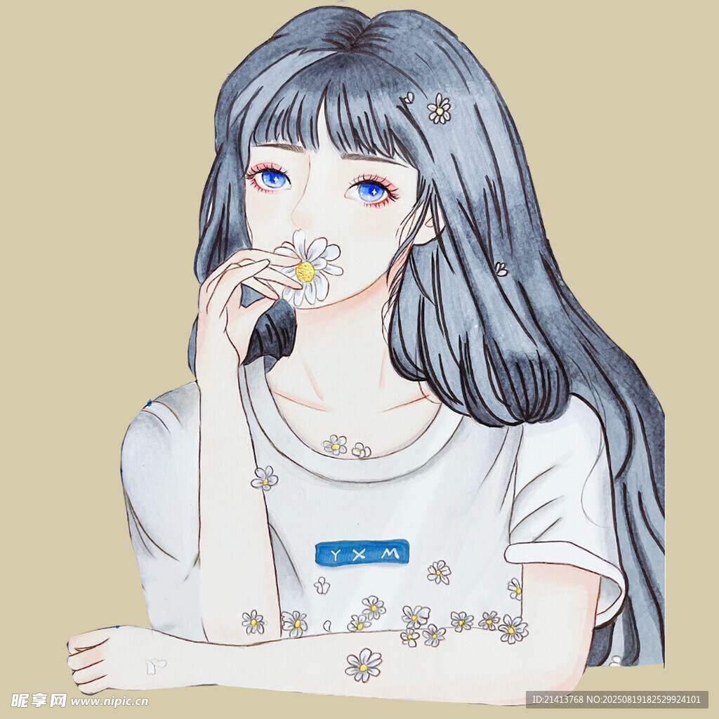 长发少女轻衔小花