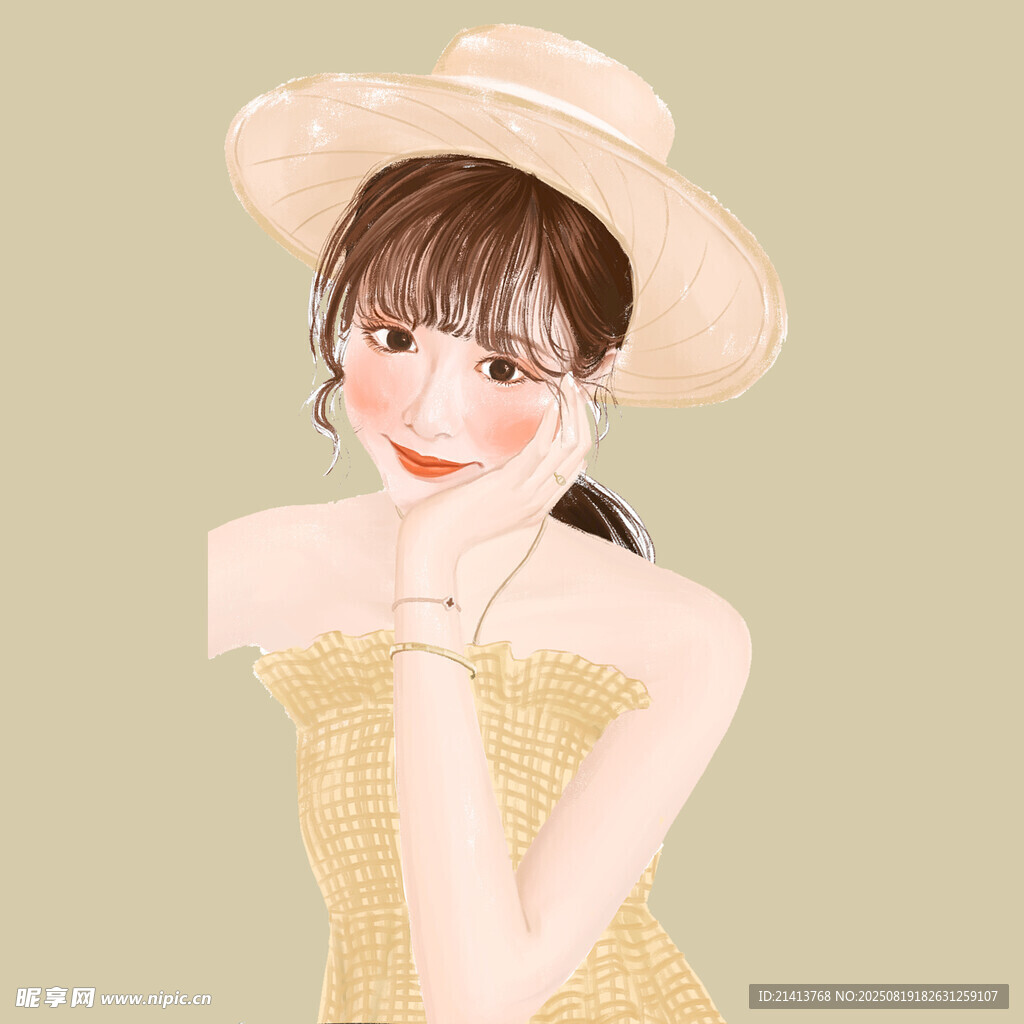 戴帽少女的优雅夏日姿态