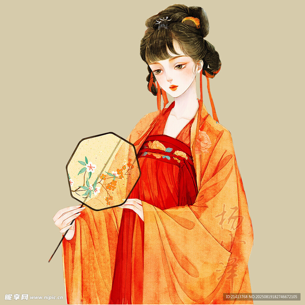 古风红衣持扇佳人